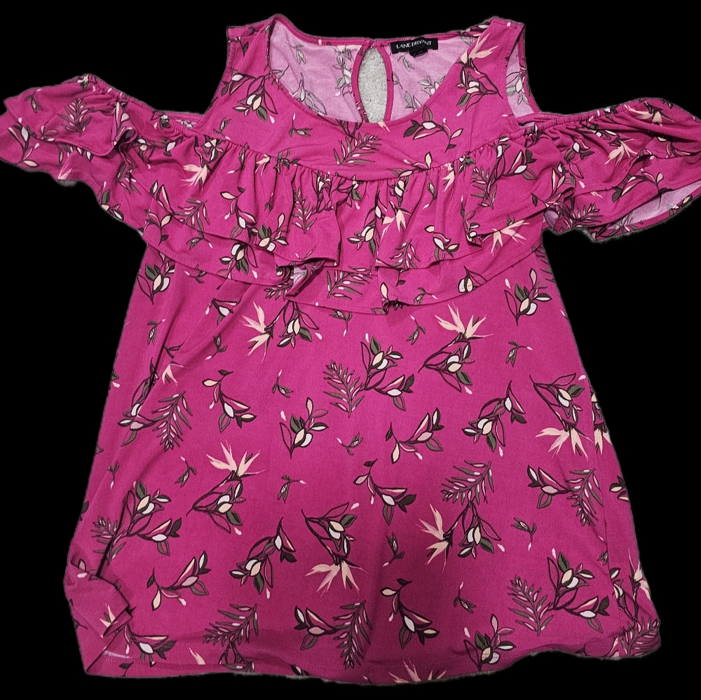 Lane Bryant Hot Pink Floral Cold-Shoulder Ruffle Top